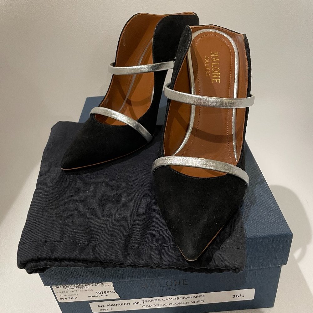 Malone Souliers Black Heels with Silver Strap